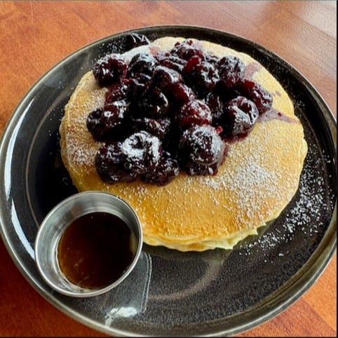 3 CHERRY PANCAKES Served with/Maple Butter.
